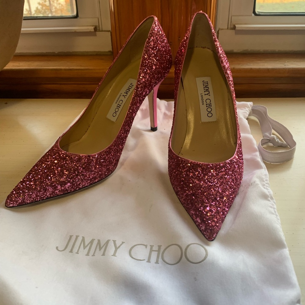 Jimmy Choo Love 85 pink glitter pointy toe pumps